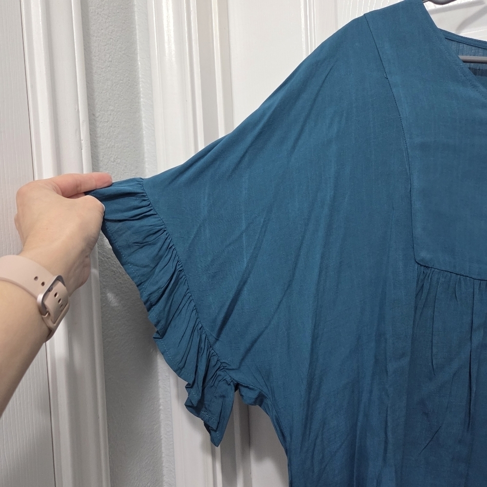 ANDREE By Unit V-neck Flowy Peasant Ruffled Short Sleeve Teal Blouse Size Small - Picture 2 of 7